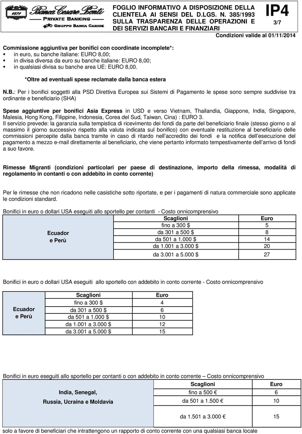 : Per i bonifici soggetti alla PSD Direttiva Europea sui Sistemi di Pagamento le spese sono sempre suddivise tra ordinante e beneficiario (SHA) Spese aggiuntive per bonifici Asia Express in USD e