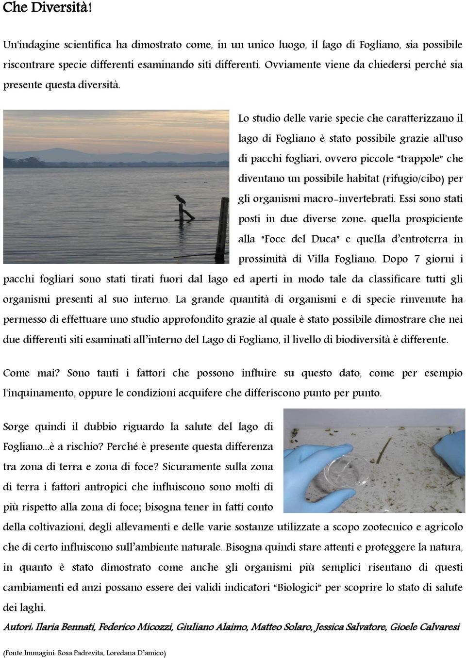 Lo studio delle varie specie che caratterizzano il lago di Fogliano è stato possibile grazie all'uso di pacchi fogliari, ovvero piccole trappole che diventano un possibile habitat (rifugio/cibo) per