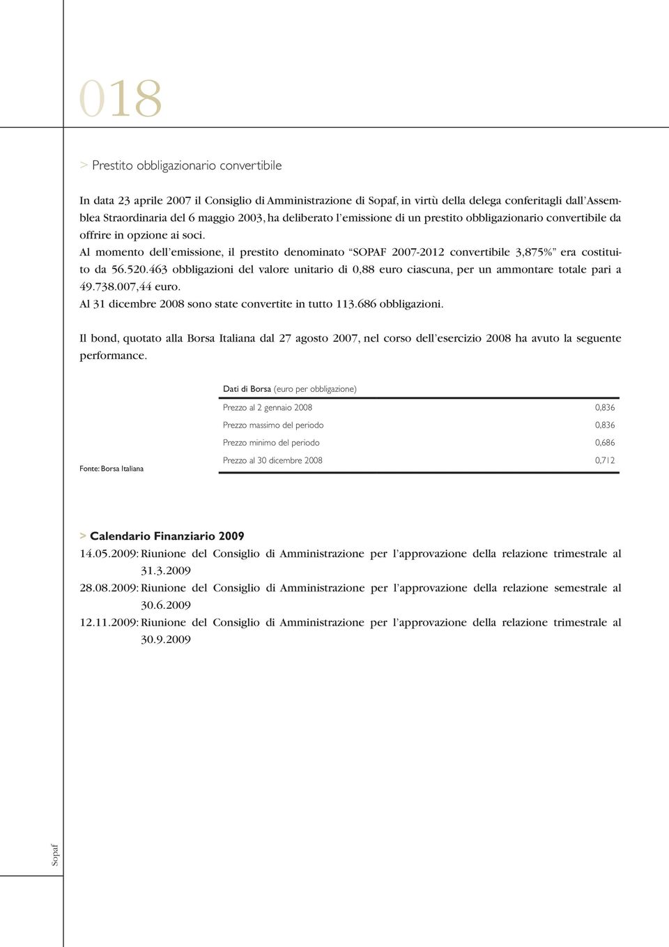 Al momento dell emissione, il prestito denominato SOPAF 2007-2012 convertibile 3,875% era costituito da 56.520.