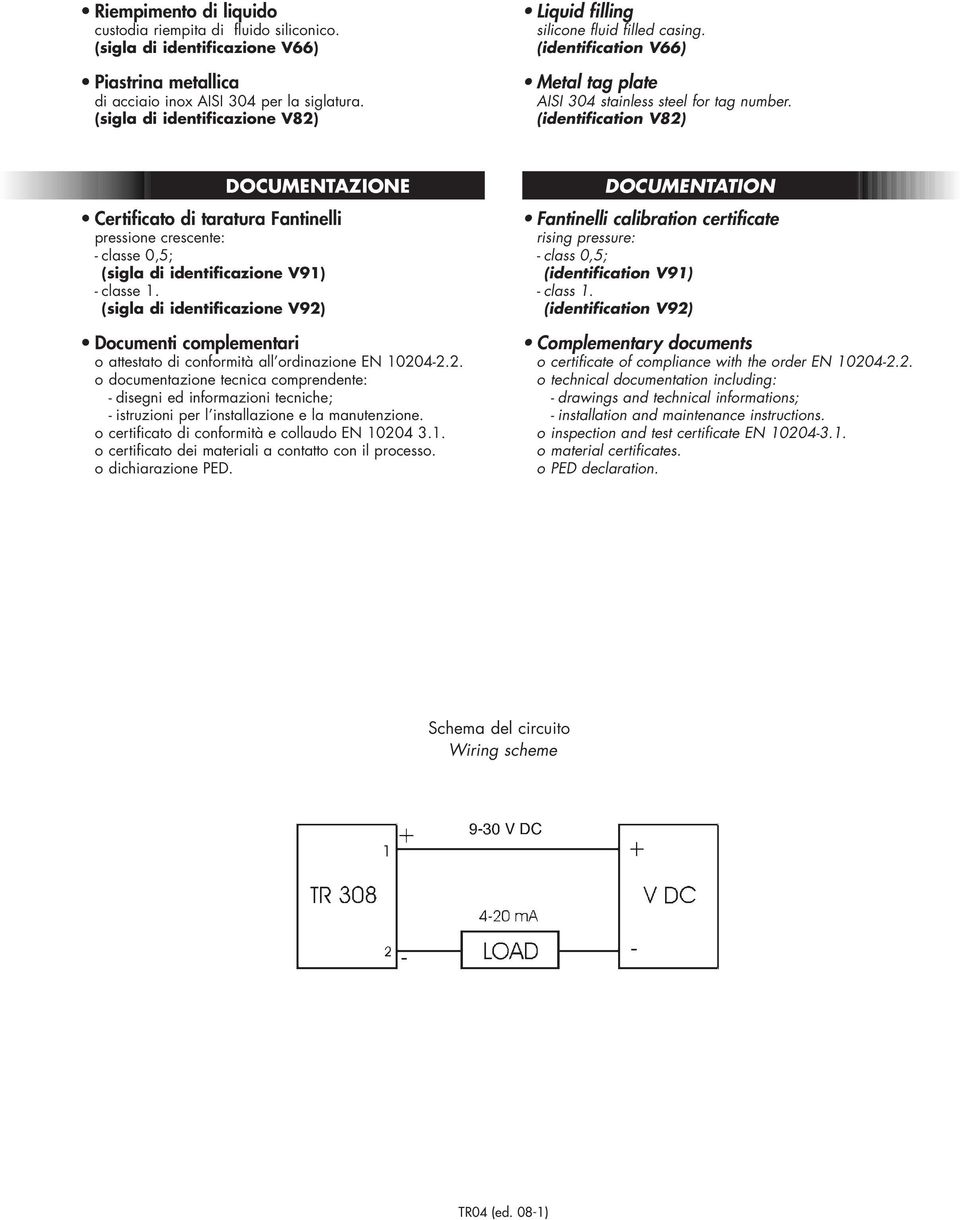 (identification V82) DOCUMENTAZIONE Certificato di taratura Fantinelli pressione crescente: - classe 0,5; (sigla di identificazione V91) - classe 1.