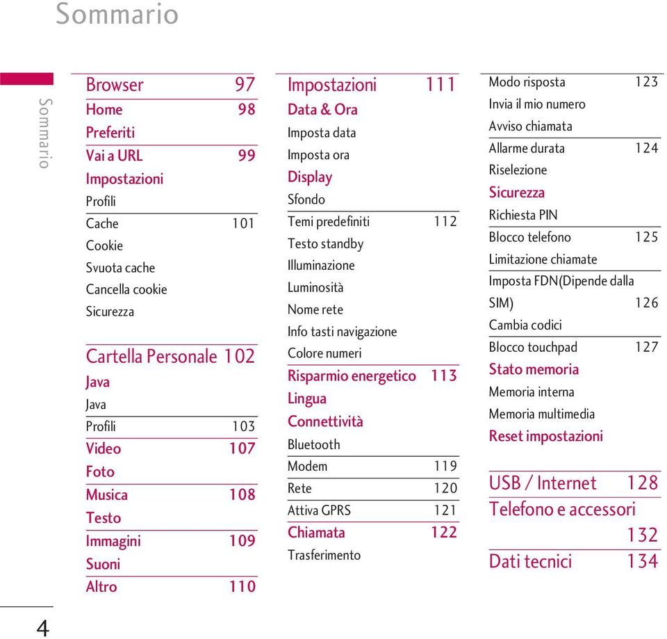 navigazione Colore numeri Risparmio energetico 113 Lingua Connettività Bluetooth Modem 119 Rete 120 Attiva GPRS 121 Chiamata 122 Trasferimento Modo risposta 123 Invia il mio numero Avviso chiamata