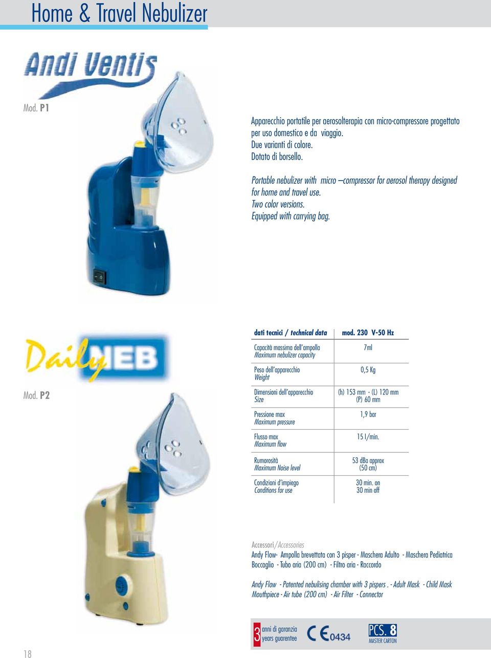 P2 dati tecnici / technical data Capacità massima dell ampolla Maximum nebulizer capacity Peso dell apparecchio Weight Dimensioni dell apparecchio Size Pressione max Maximum pressure Flusso max