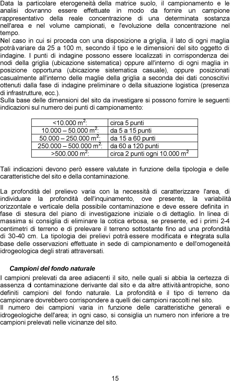 Nel caso in cui si proceda con una disposizione a griglia, il lato di ogni maglia potrà variare da 25 a 100 m, secondo il tipo e le dimensioni del sito oggetto di indagine.