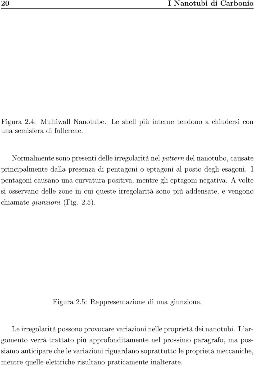 I pentagoni causano una curvatura positiva, mentre gli eptagoni negativa. A volte si osservano delle zone in cui queste irregolarità sono più addensate, e vengono chiamate giunzioni (Fig. 2.5).