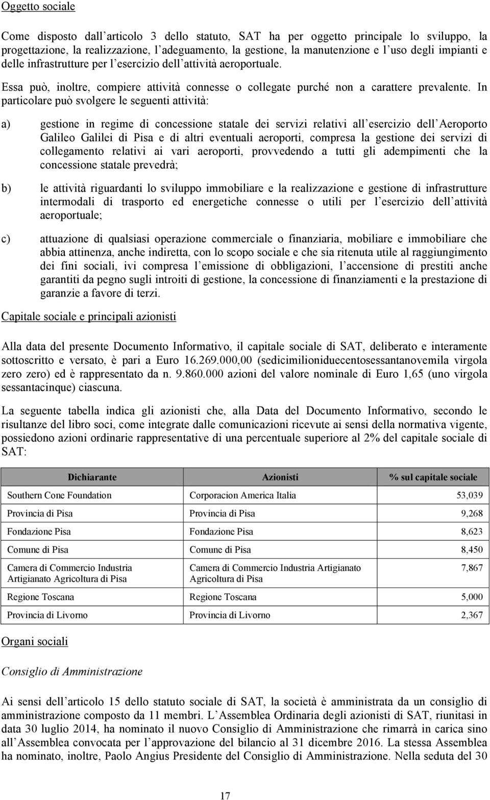 In particolare può svolgere le seguenti attività: a) gestione in regime di concessione statale dei servizi relativi all esercizio dell Aeroporto Galileo Galilei di Pisa e di altri eventuali