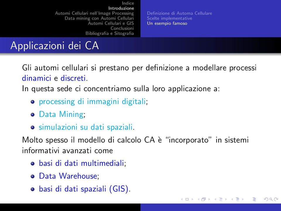 In questa sede ci concentriamo sulla loro applicazione a: processing di immagini digitali; Data Mining; simulazioni su