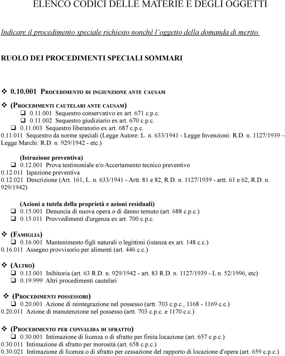 687 c.p.c. 0.11.011 Sequestro da norme speciali (Legge Autore: L. n. 633/1941 - Legge Invenzioni: R.D. n. 1127/1939 Legge Marchi: R.D. n. 929/1942 - etc.) (Istruzione preventiva) 0.12.001 Prova testimoniale e/o Accertamento tecnico preventivo 0.