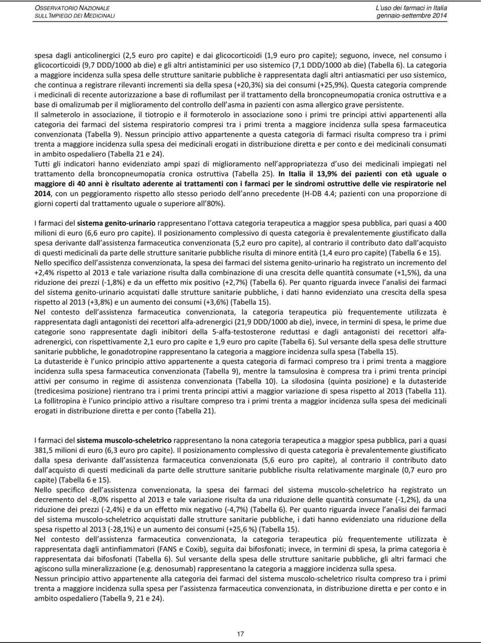 La categoria a maggiore incidenza sulla spesa delle strutture sanitarie pubbliche è rappresentata dagli altri antiasmatici per uso sistemico, che continua a registrare rilevanti incrementi sia della