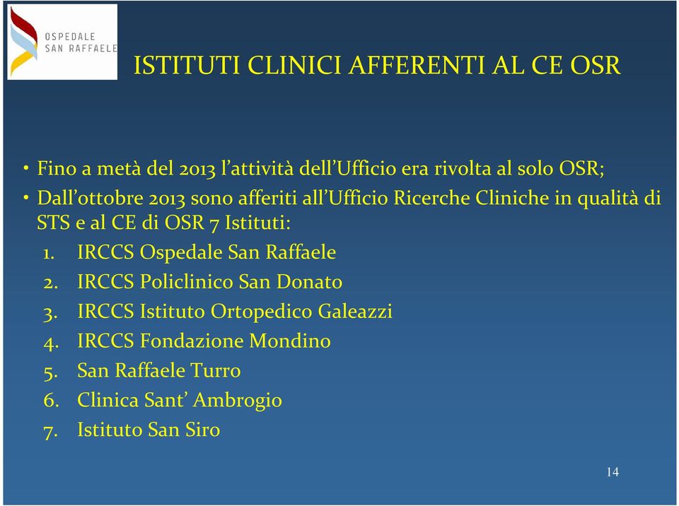 Istituti: 1. IRCCS Ospedale San Raffaele 2. IRCCS Policlinico San Donato 3.