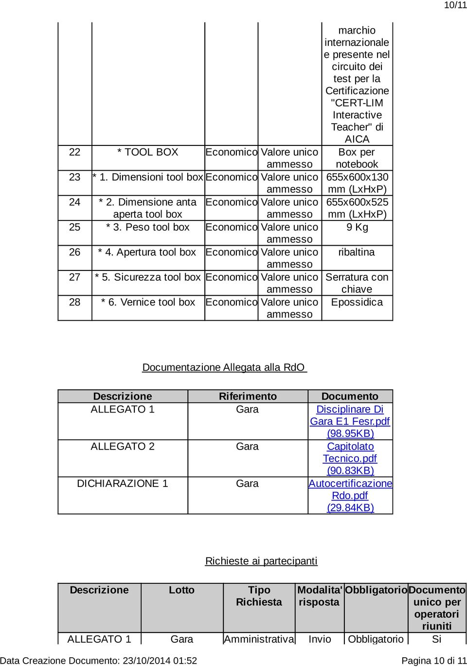 655x600x525 mm (LxHxP) 9 Kg ribaltina Serratura con chiave Epossidica 10/11 Documentazione Allegata alla RdO Descrizione Riferimento Documento ALLEGATO 1 Gara Disciplinare Di Gara E1 Fesr.pdf (98.