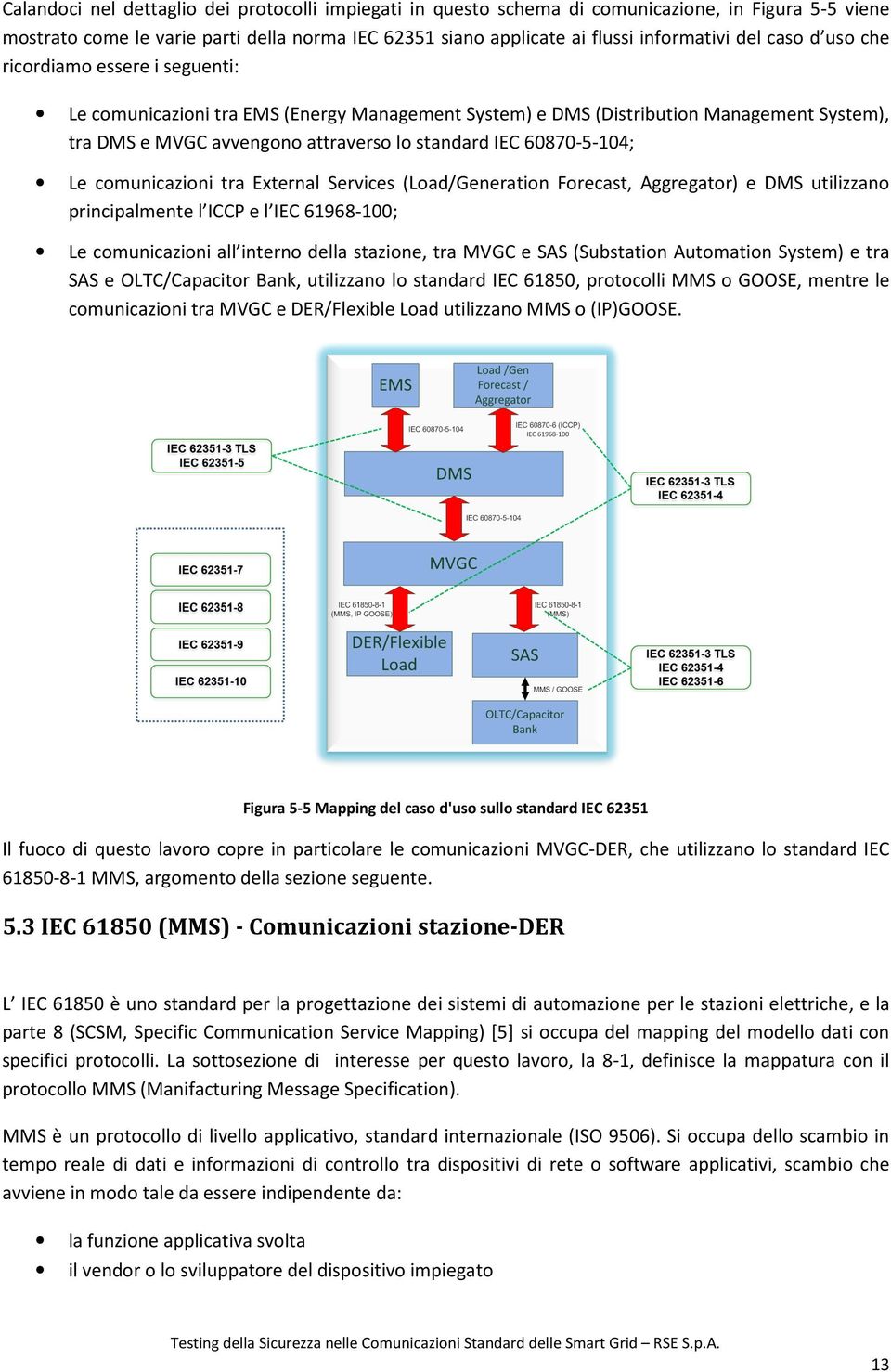 60870-5-104; Le comunicazioni tra External Services (Load/Generation Forecast, Aggregator) e DMS utilizzano principalmente l ICCP e l IEC 61968-100; Le comunicazioni all interno della stazione, tra