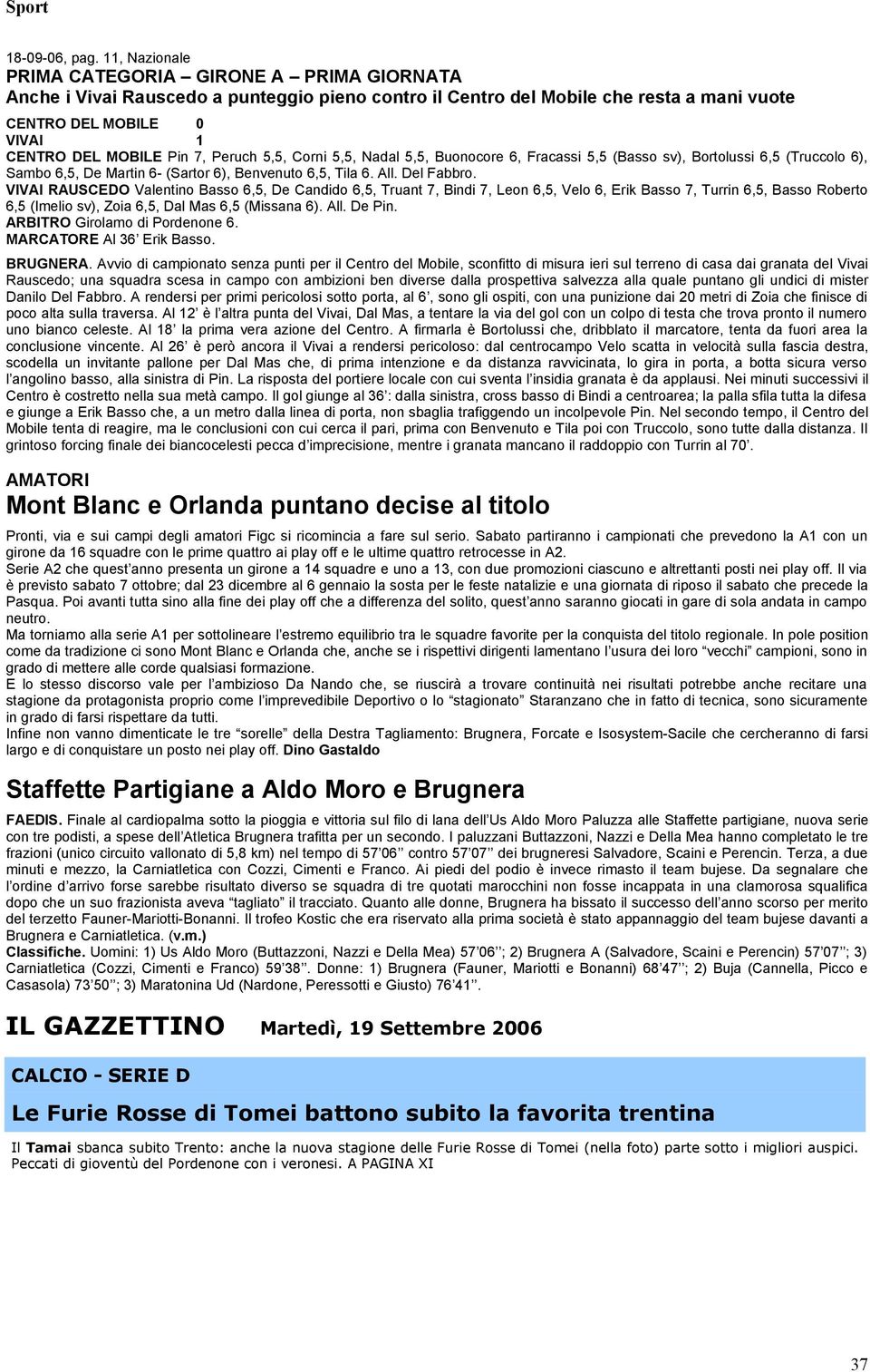 Peruch 5,5, Corni 5,5, Nadal 5,5, Buonocore 6, Fracassi 5,5 (Basso sv), Bortolussi 6,5 (Truccolo 6), Sambo 6,5, De Martin 6- (Sartor 6), Benvenuto 6,5, Tila 6. All. Del Fabbro.