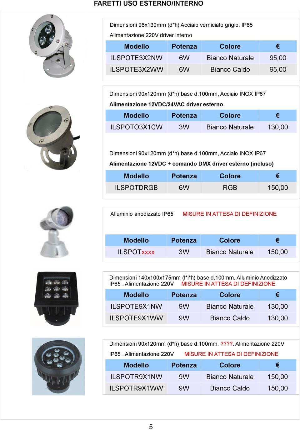 100mm, Acciaio INOX IP67 Alimentazione DC + comando DMX driver esterno (incluso) ILSPOTD 1 Alluminio anodizzato IP65 MISURE IN ATTESA DI DEFINIZIONE ILSPOTxxxx 1 Dimensioni 140x100x175mm