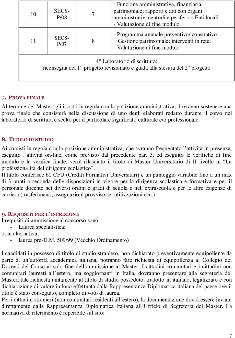 PROVA FINALE Al termine del Master, gli iscritti in regola con la posizione amministrativa, dovranno sostenere una prova finale che consisterà nella discussione di uno degli elaborati redatto durante