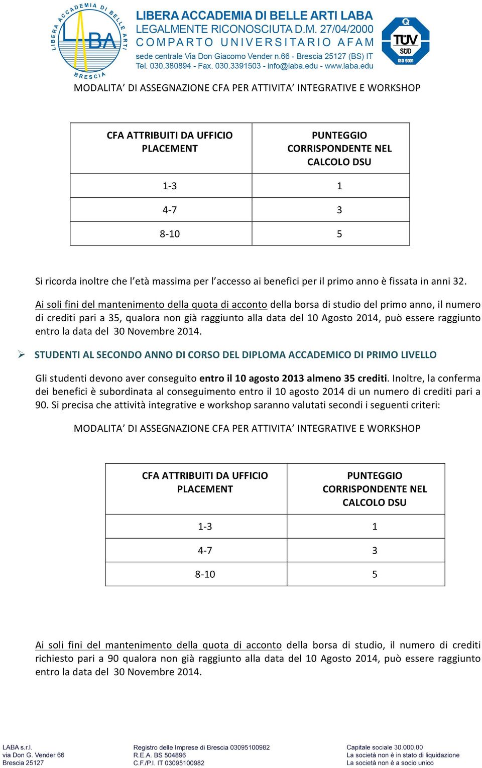 Ai soli fini del mantenimento della quota di acconto della borsa di studio del primo anno, il numero di crediti pari a 35, qualora non già raggiunto alla data del 10 Agosto 2014, può essere raggiunto