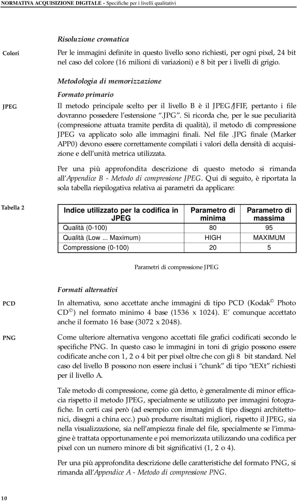 Metodologia di memorizzazione JPEG Formato primario Il metodo principale scelto per il livello B è il JPEG/JFIF, pertanto i file dovranno possedere l estensione.jpg.