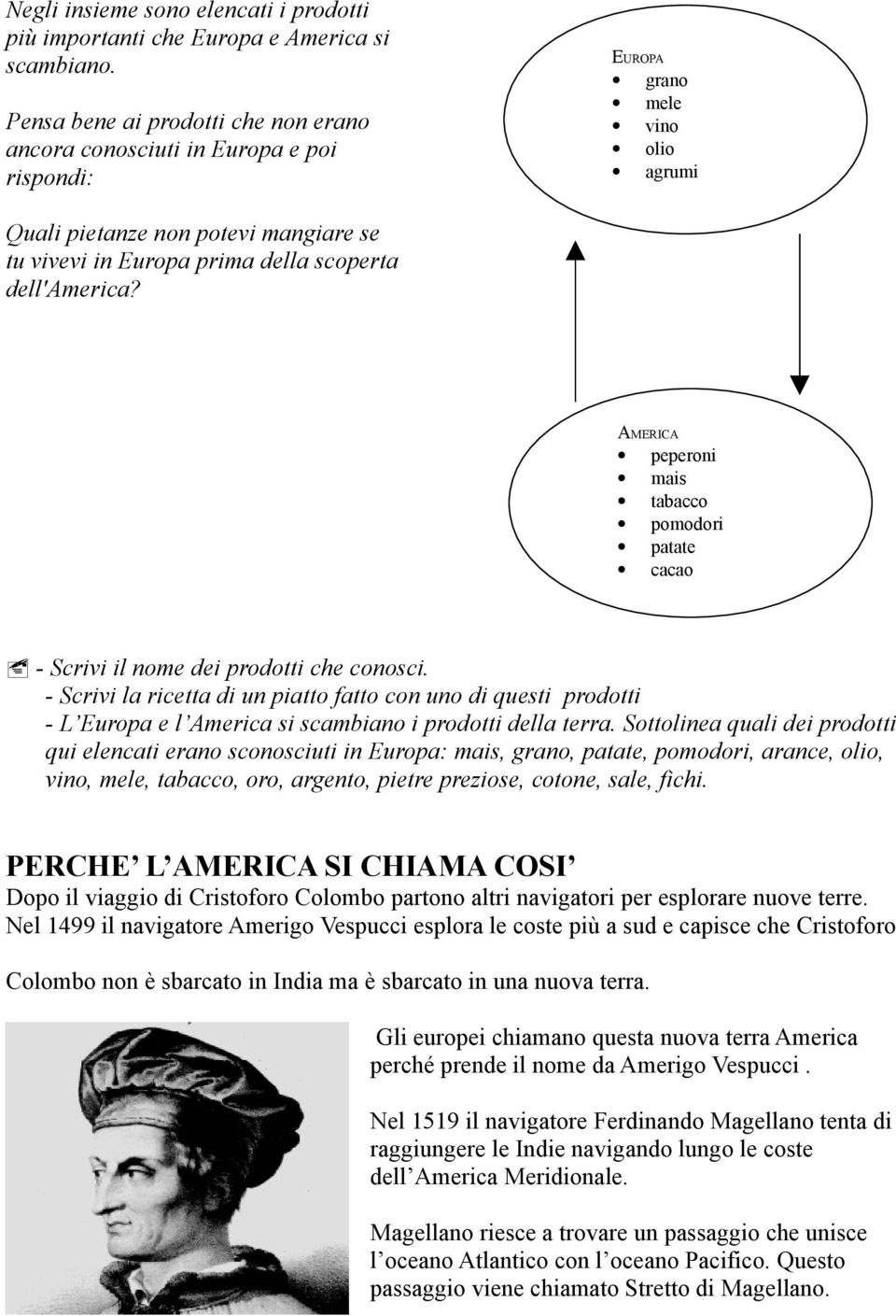 dell'america? AMERICA peperoni mais tabacco pomodori patate cacao - Scrivi il nome dei prodotti che conosci.