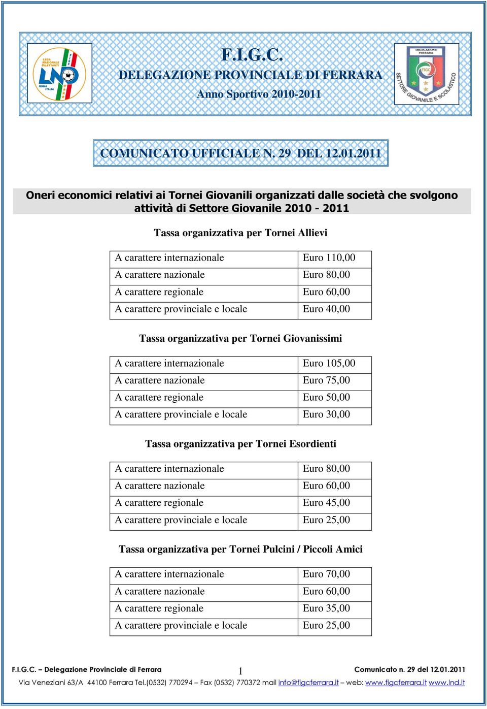 Tornei Allievi A carattere internazionale Euro 110,00 A carattere nazionale Euro 80,00 A carattere regionale Euro 60,00 A carattere provinciale e locale Euro 40,00 Tassa organizzativa per Tornei