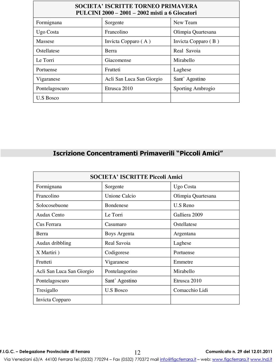 S Bosco Iscrizione Concentramenti Primaverili Piccoli Amici SOCIETA ISCRITTE Piccoli Amici Formignana Sorgente Ugo Costa Francolino Unione Calcio Olimpia Quartesana Solocosebuone Bondenese U.