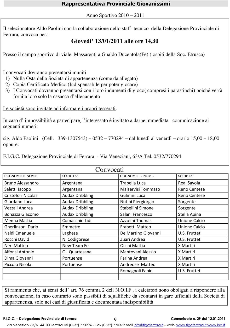 Etrusca) I convocati dovranno presentarsi muniti 1) Nulla Osta della Società di appartenenza (come da allegato) 2) Copia Certificato Medico (Indispensabile per poter giocare) 3) I Convocati dovranno