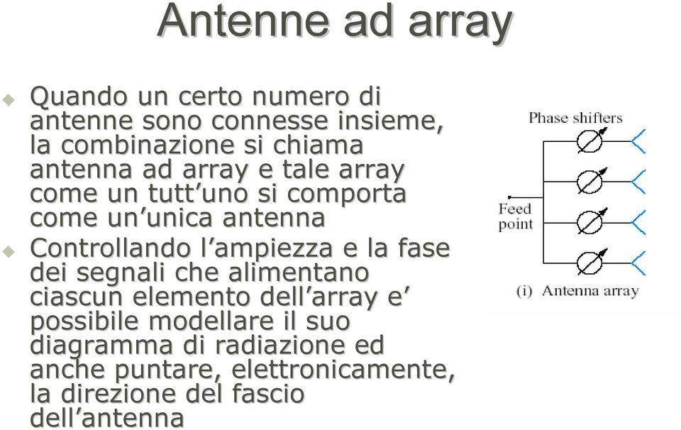 ampiezza e la fase dei segnali che alimentano ciascun elemento dell array e possibile modellare il