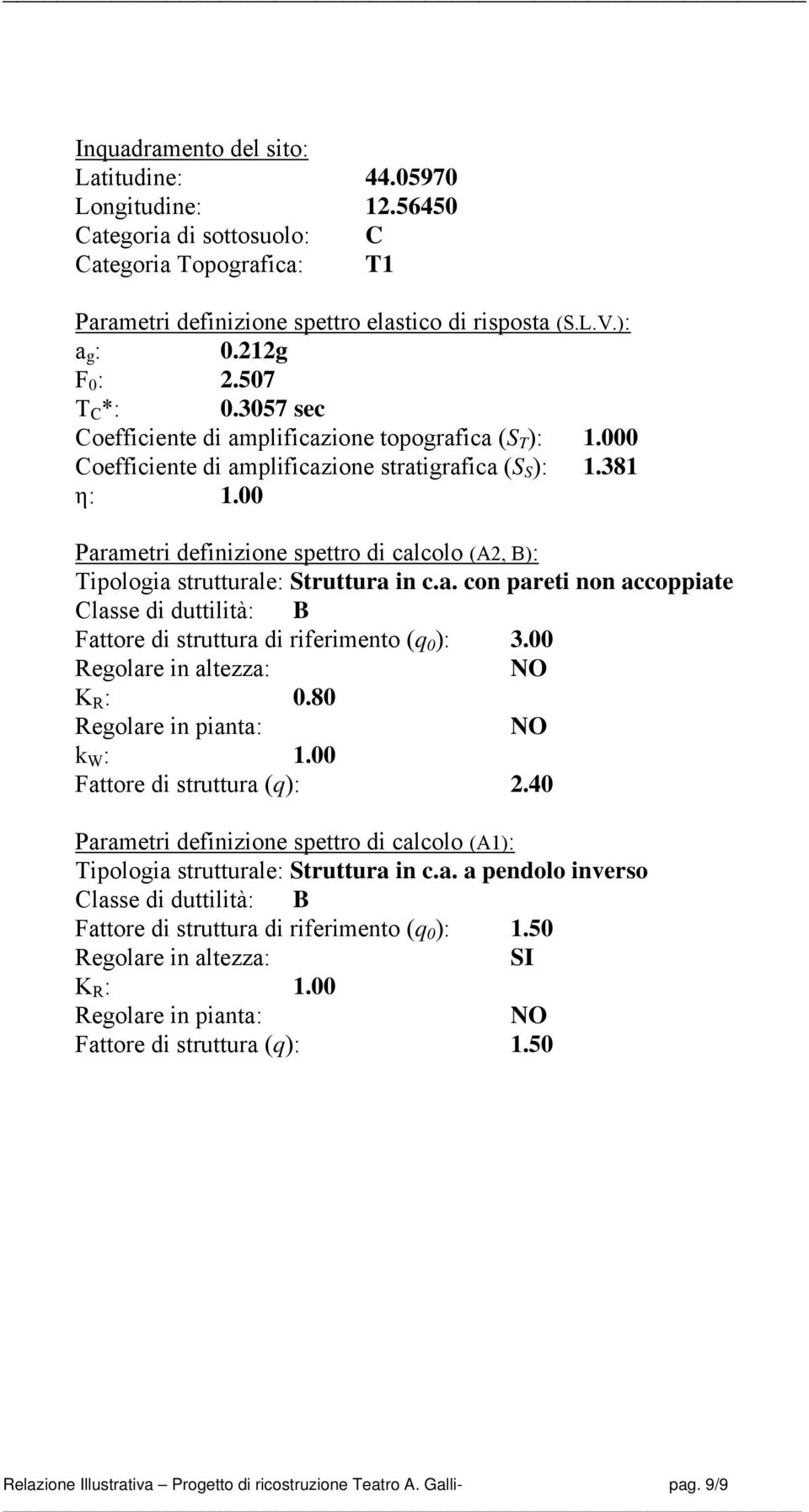 00 Parametri definizione spettro di calcolo (A2, B): Tipologia strutturale: Struttura in c.a. con pareti non accoppiate Classe di duttilità: B Fattore di struttura di riferimento (q 0 ): 3.