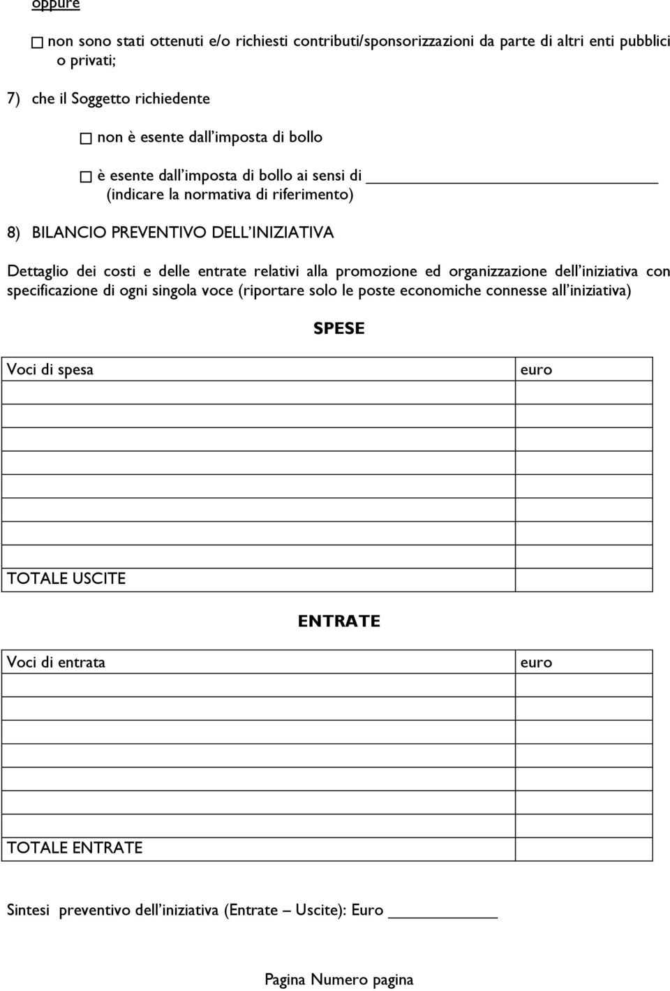 costi e delle entrate relativi alla promozione ed organizzazione dell iniziativa con specificazione di ogni singola voce (riportare solo le poste economiche