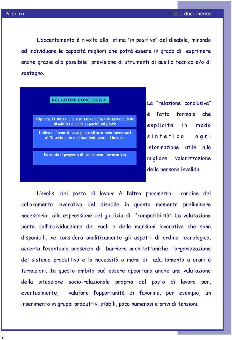 RELAZIONE CONCLUSIVA Riporta la sintesi e le risultanze della valutazione delle disabilità e delle capacità migliori; Indica le forme di sostegno e gli strumenti necessari all inserimento o al