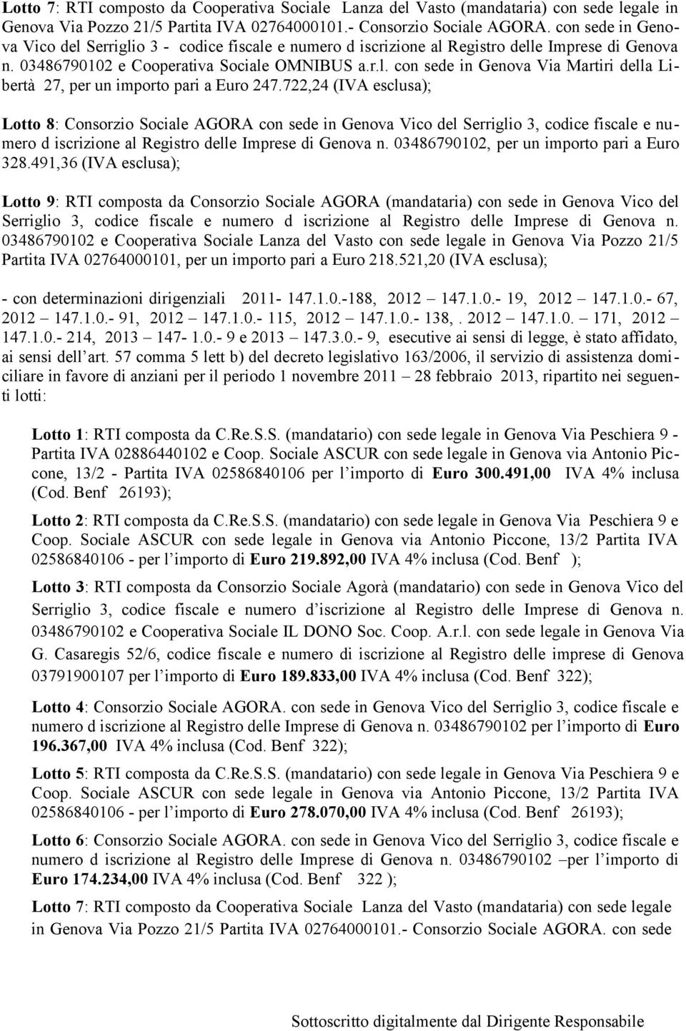 722,24 (IVA esclusa); Lotto 8: Consorzio Sociale AGORA con sede in Genova Vico del Serriglio 3, codice fiscale e numero d iscrizione al Registro delle Imprese di Genova n.