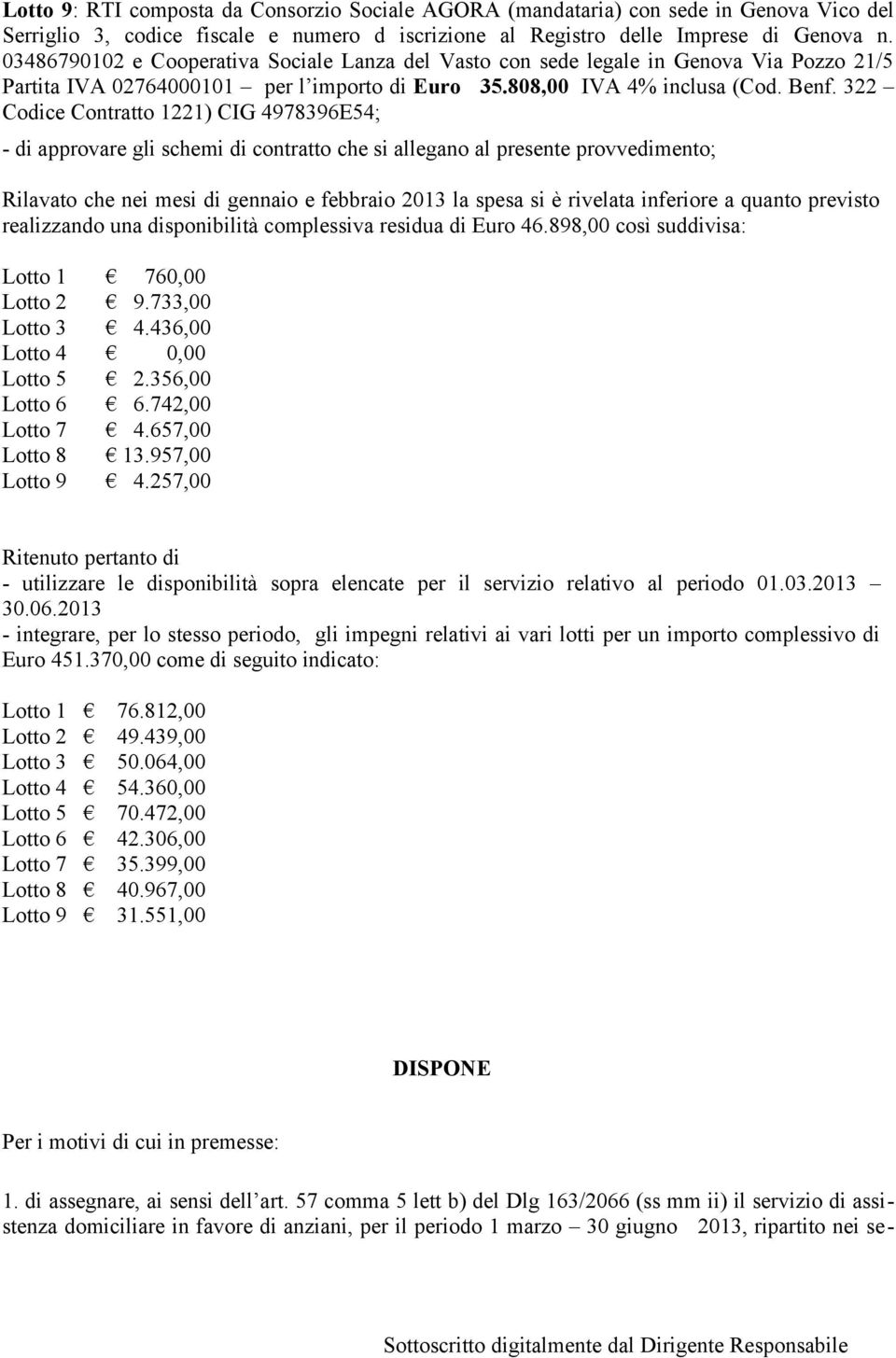 322 Codice Contratto 1221) CIG 4978396E54; - di approvare gli schemi di contratto che si allegano al presente provvedimento; Rilavato che nei mesi di gennaio e febbraio 2013 la spesa si è rivelata