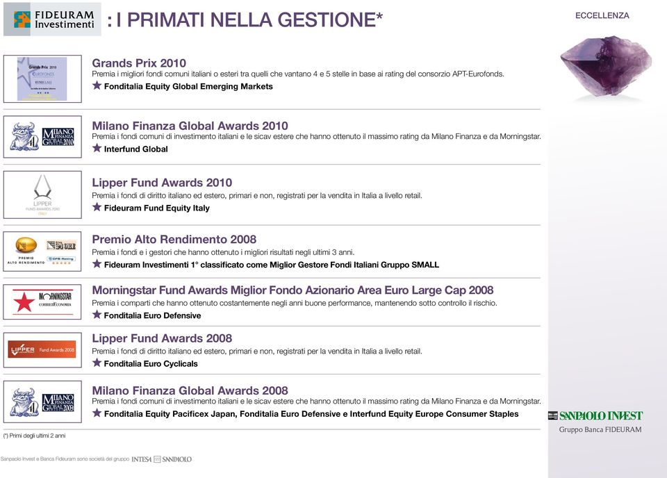 da Morningstar. Interfund Global Lipper Fund Awards 2010 Premia i fondi di diritto italiano ed estero, primari e non, registrati per la vendita in Italia a livello retail.
