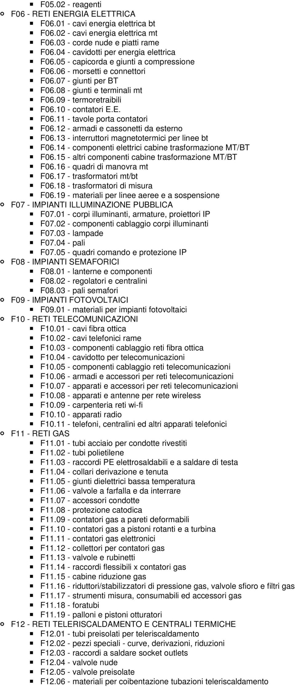 12 - armadi e cassonetti da esterno F06.13 - interruttori magnetotermici per linee bt F06.14 - componenti elettrici cabine trasformazione MT/BT F06.