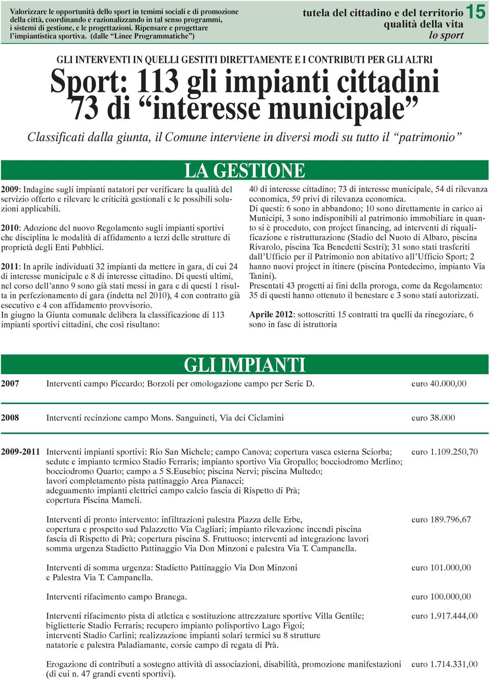 (dalle Linee Programmatiche ) tutela del cittadino e del territorio15 lo sport GLI INTERVENTI IN QUELLI GESTITI DIRETTAMENTE E I CONTRIBUTI PER GLI ALTRI Sport: 113 gli impianti cittadini 73 di