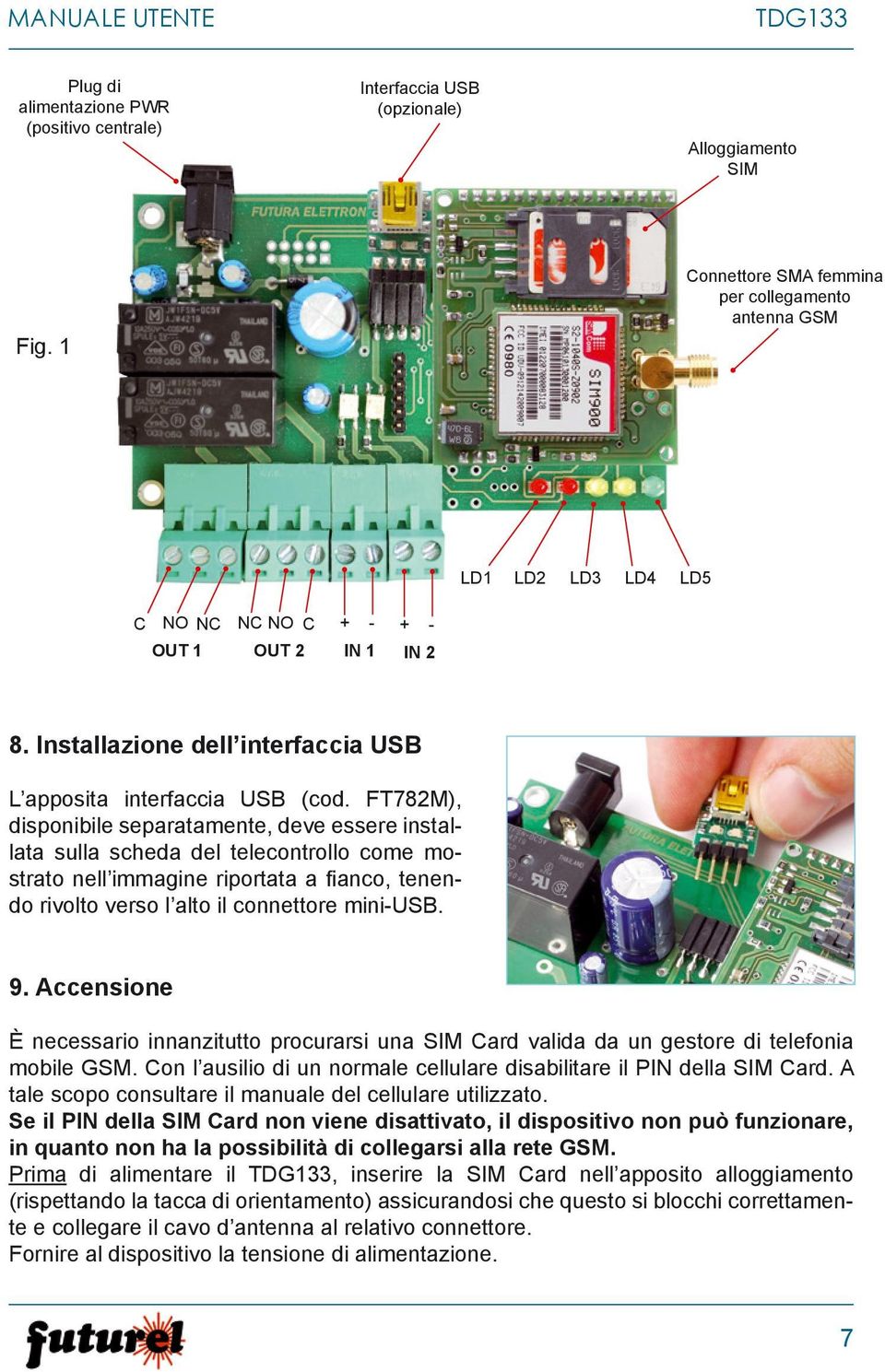 FT782M), disponibile separatamente, deve essere installata sulla scheda del telecontrollo come mostrato nell immagine riportata a fi anco, tenendo rivolto verso l alto il connettore mini-usb. 9.