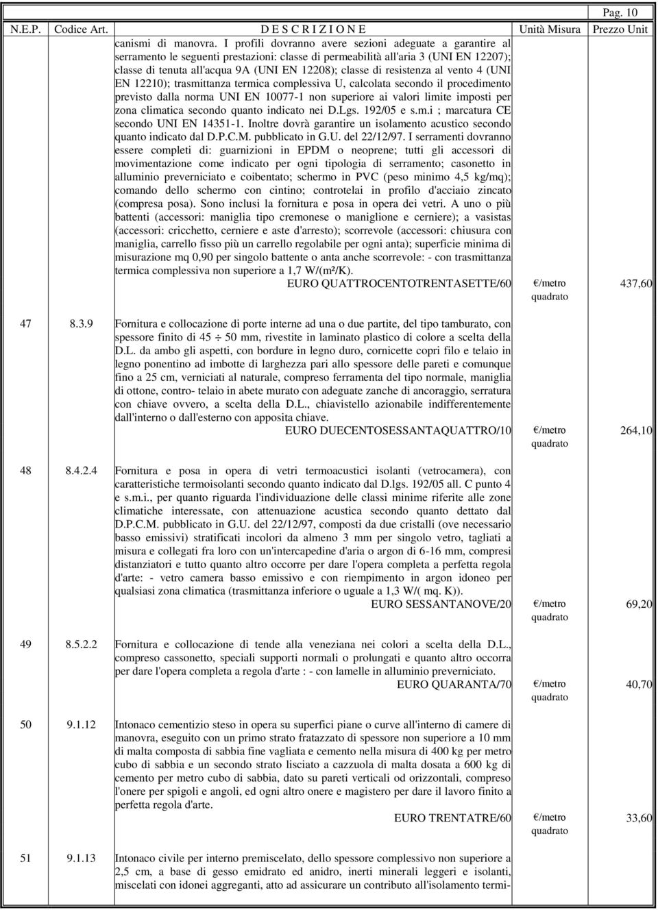 resistenza al vento 4 (UNI EN 12210); trasmittanza termica complessiva U, calcolata secondo il procedimento previsto dalla norma UNI EN 10077-1 non superiore ai valori limite imposti per zona