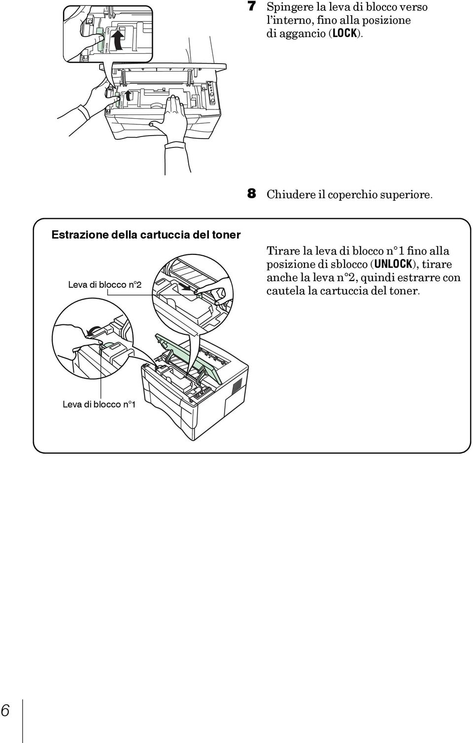 Estrazione della cartuccia del toner Leva di blocco n 2 Tirare la leva di blocco n 1 fino