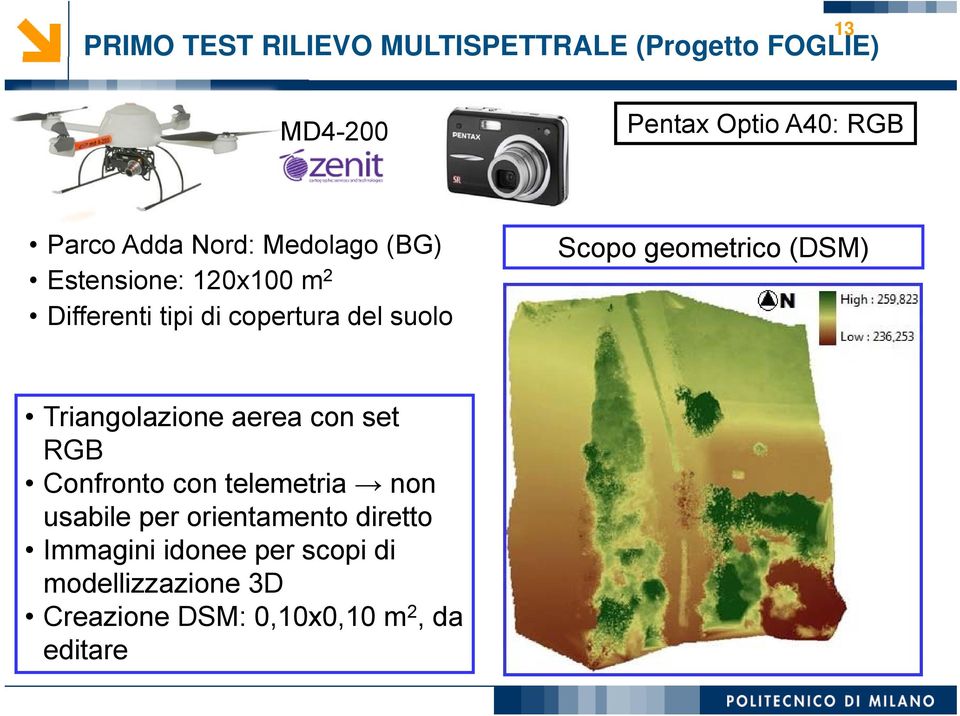 geometrico (DSM) Triangolazione aerea con set RGB Confronto con telemetria non usabile per