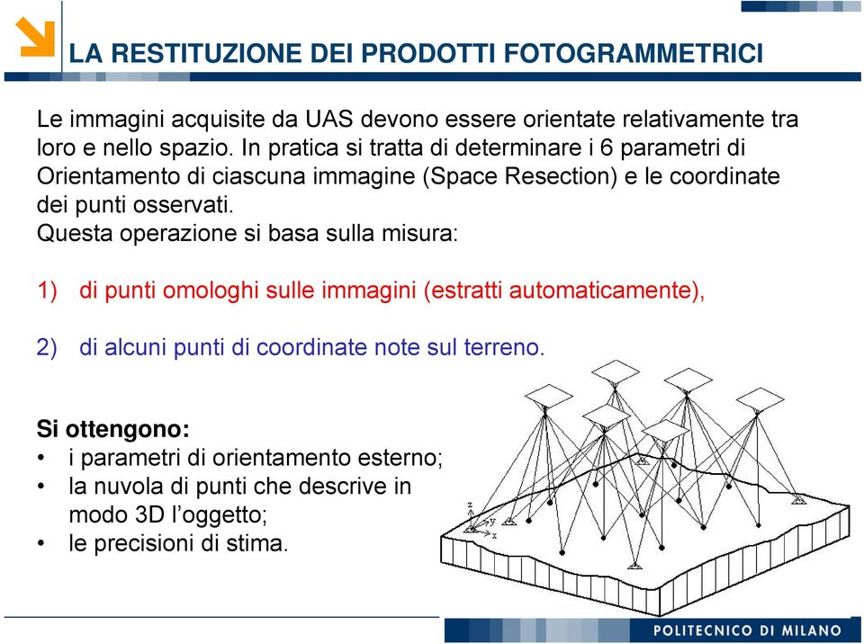 Questa operazione si basa sulla misura: 1) di punti omologhi sulle immagini (estratti automaticamente), 2) di alcuni punti di coordinate