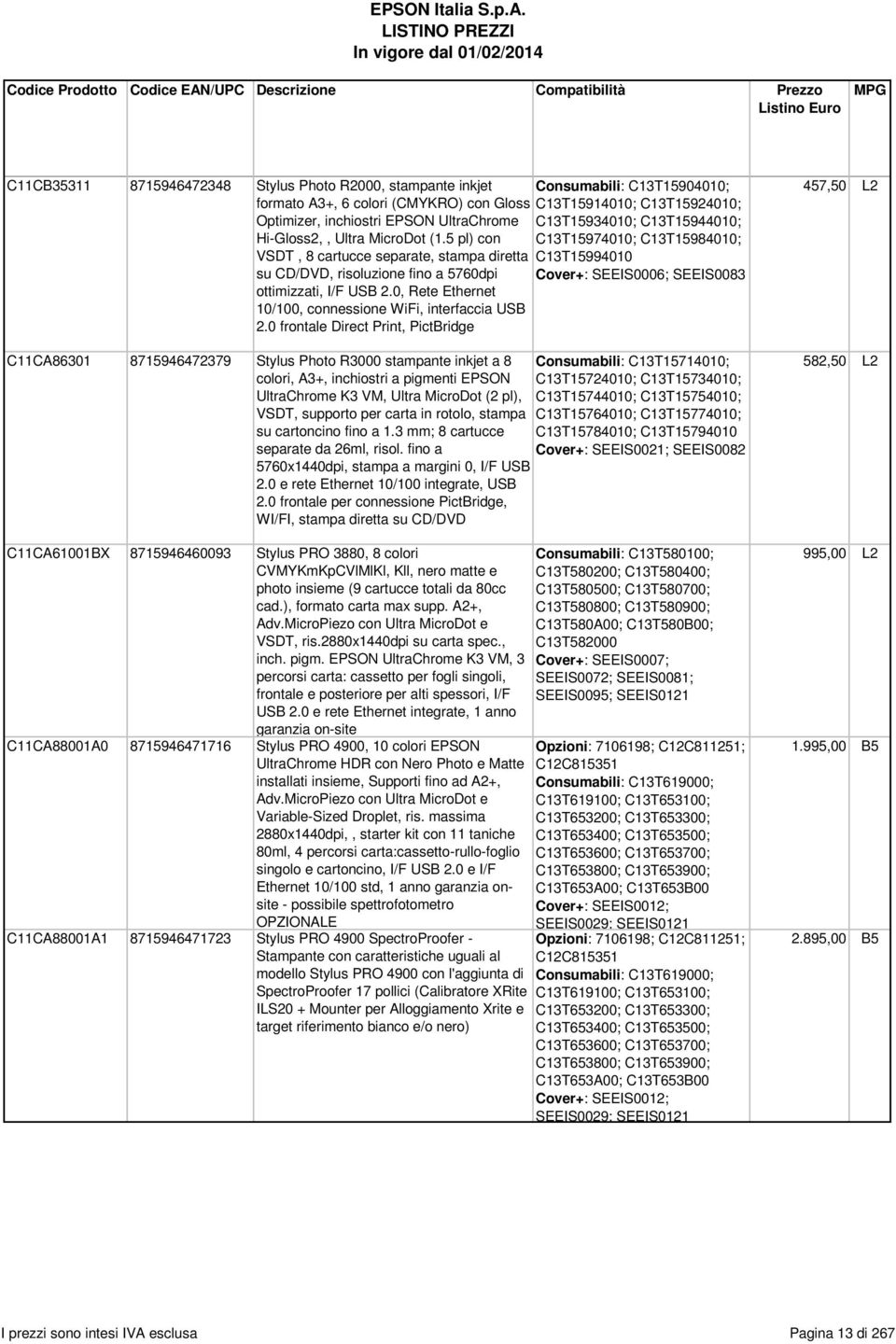 5 pl) con C13T15934010; C13T15944010; C13T15974010; C13T15984010; VSDT, 8 cartucce separate, stampa diretta C13T15994010 su CD/DVD, risoluzione fino a 5760dpi Cover+: SEEIS0006; SEEIS0083