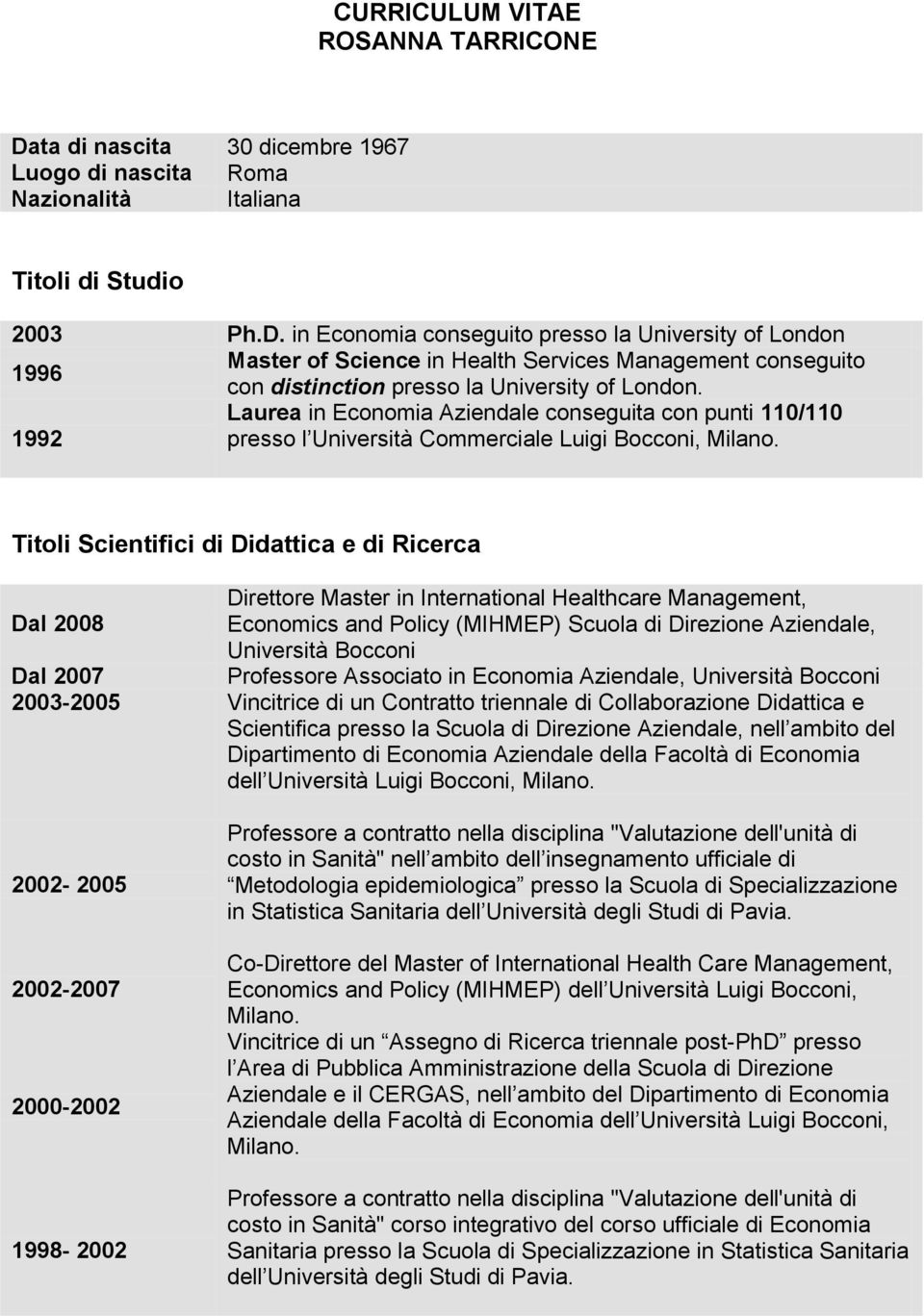 in Economia conseguito presso la University of London 1996 Master of Science in Health Services Management conseguito con distinction presso la University of London.