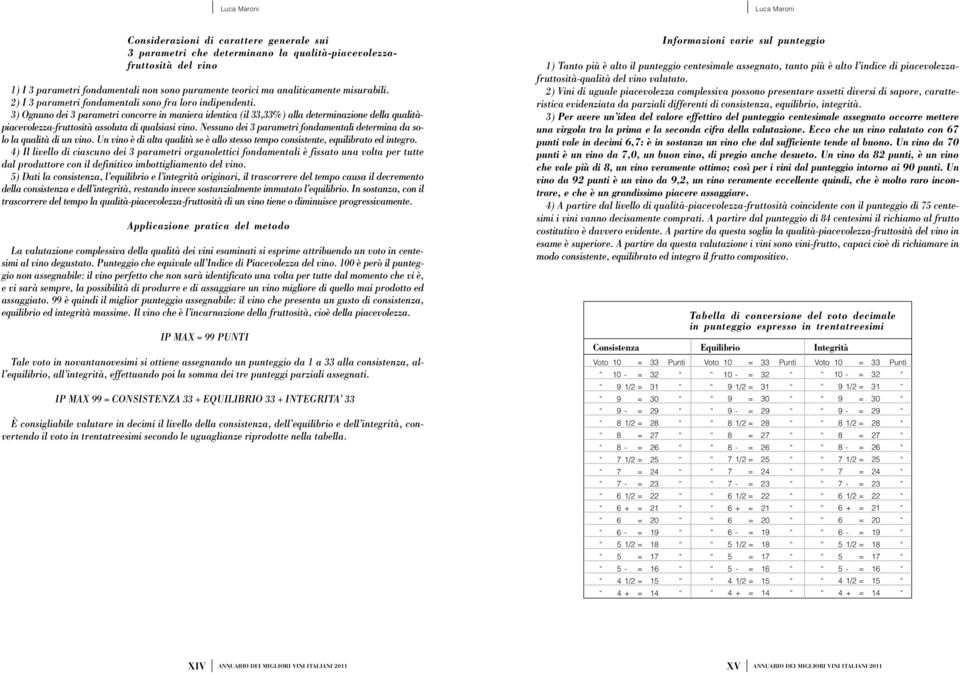 3) Ognuno dei 3 parametri concorre in maniera identica (il 33,33%) alla determinazione della qualitàpiacevolezza-fruttosità assoluta di qualsiasi vino.