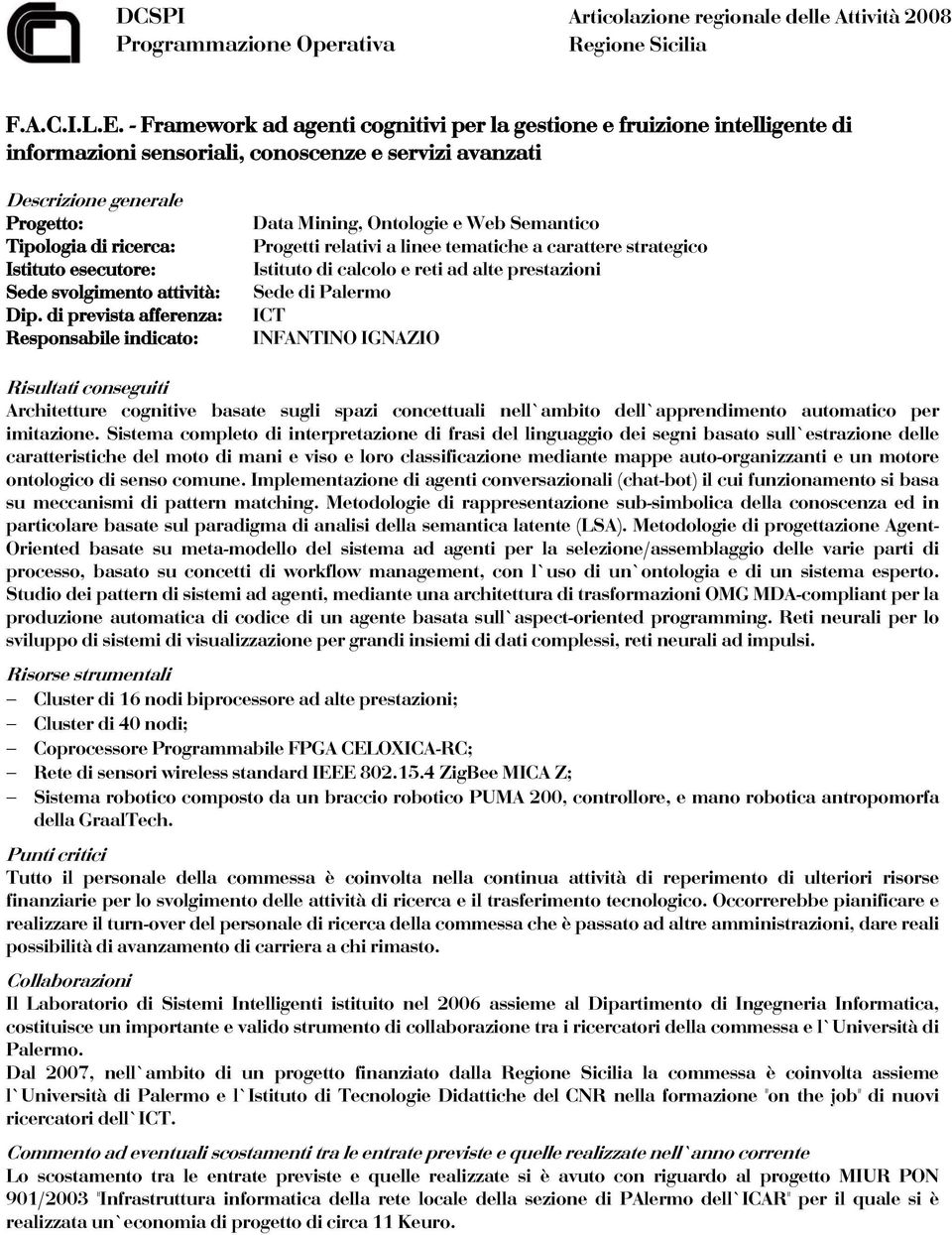 tematiche a carattere strategico Istituto di calcolo e reti ad alte prestazioni Sede di Palermo ICT INFANTINO IGNAZIO Architetture cognitive basate sugli spazi concettuali nell ambito dell