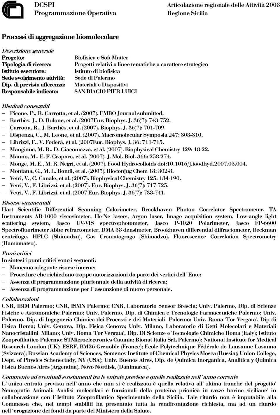 Dispenza, C., M. Leone, et al. (2007). Macromolecular Symposia 247: 303-310. Librizzi, F., V. Foderà, et al. (2007Eur. Biophys. J. 36: 711-715. Mangione, M. R., D. Giacomazza, et al. (2007). Biophysical Chemistry 129: 18-22.