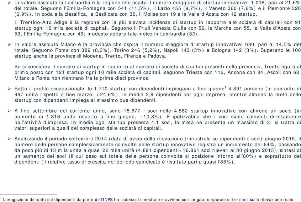 In coda alla classifica, la Basilicata con 30, il Molise con 19 e la Valle d Aosta con 12 startup.