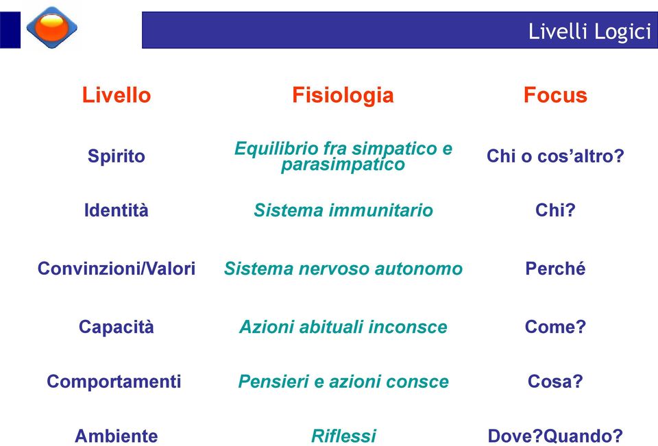 Convinzioni/Valori Sistema nervoso autonomo Perché Capacità Azioni abituali