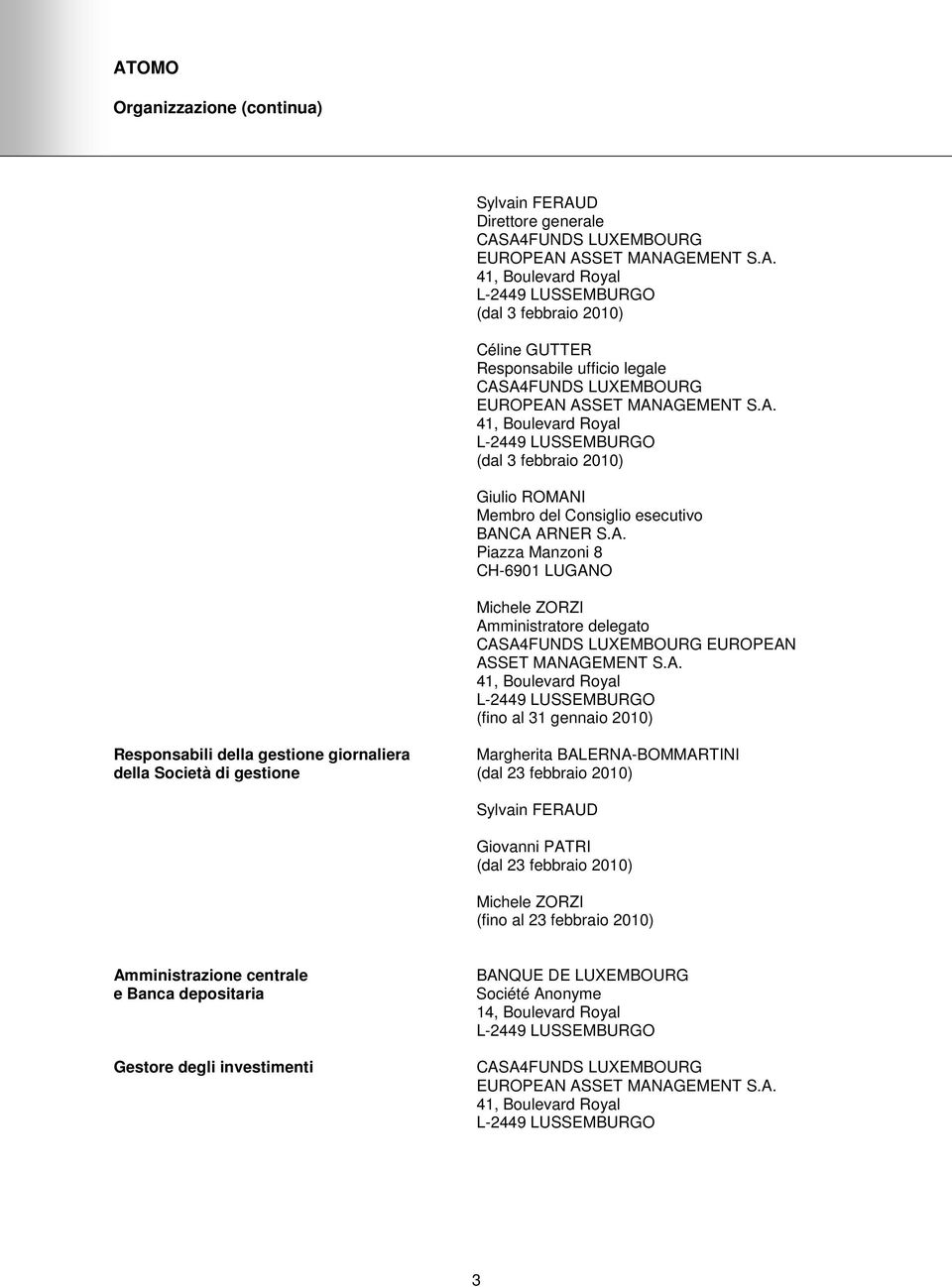 A. 41, Boulevard Royal L-2449 LUSSEMBURGO (fino al 31 gennaio 2010) Responsabili della gestione giornaliera Margherita BALERNA-BOMMARTINI della Società di gestione (dal 23 febbraio 2010) Sylvain