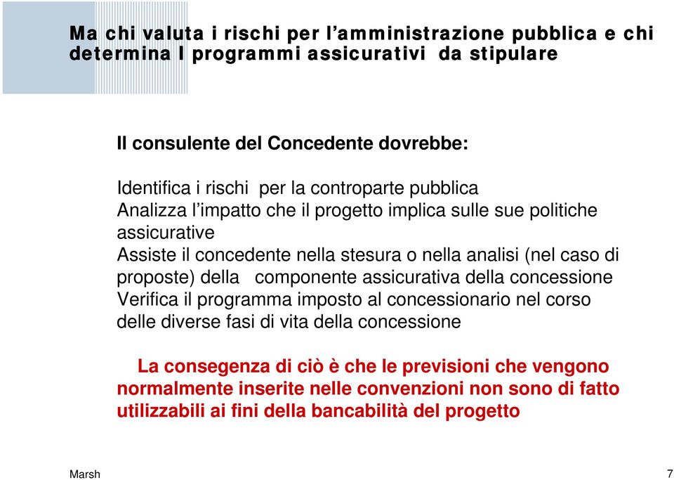 di proposte) della componente assicurativa della concessione Verifica il programma imposto al concessionario nel corso delle diverse fasi di vita della concessione La