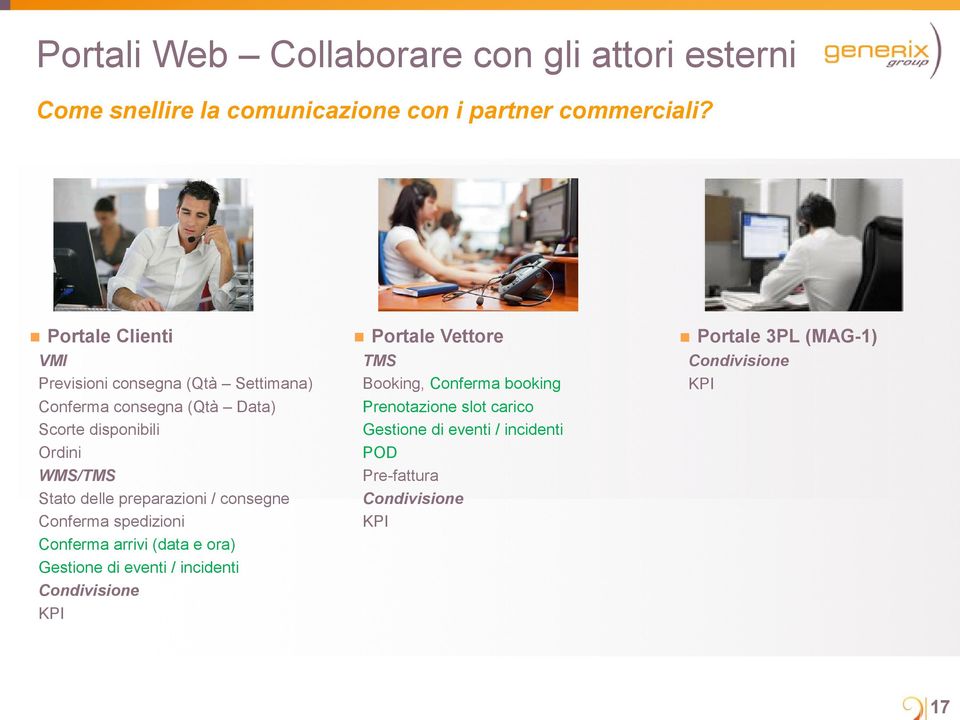 preparazioni / consegne Conferma spedizioni Conferma arrivi (data e ora) Gestione di eventi / incidenti Condivisione KPI Portale