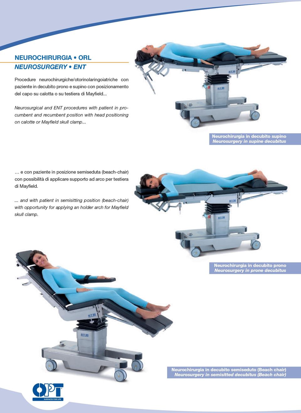 .. Neurochirurgia in decubito supino Neurosurgery in supine decubitus e con paziente in posizione semiseduta (beach-chair) con possibilità di applicare supporto ad arco per testiera di Mayfield.