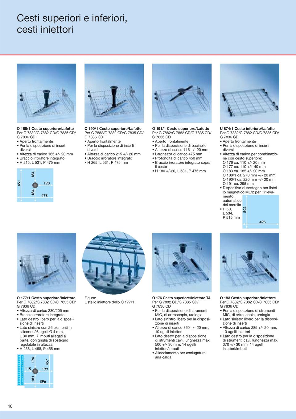 Altezza di carico 215 +/- 20 mm Braccio irroratore integrato H 265, L 531, P 475 mm O 191/1 Cesto superiore/lafette Per G 7882/G 7882 CD/G 7835 CD/ G 7836 CD Aperto frontalmente Per la disposizione